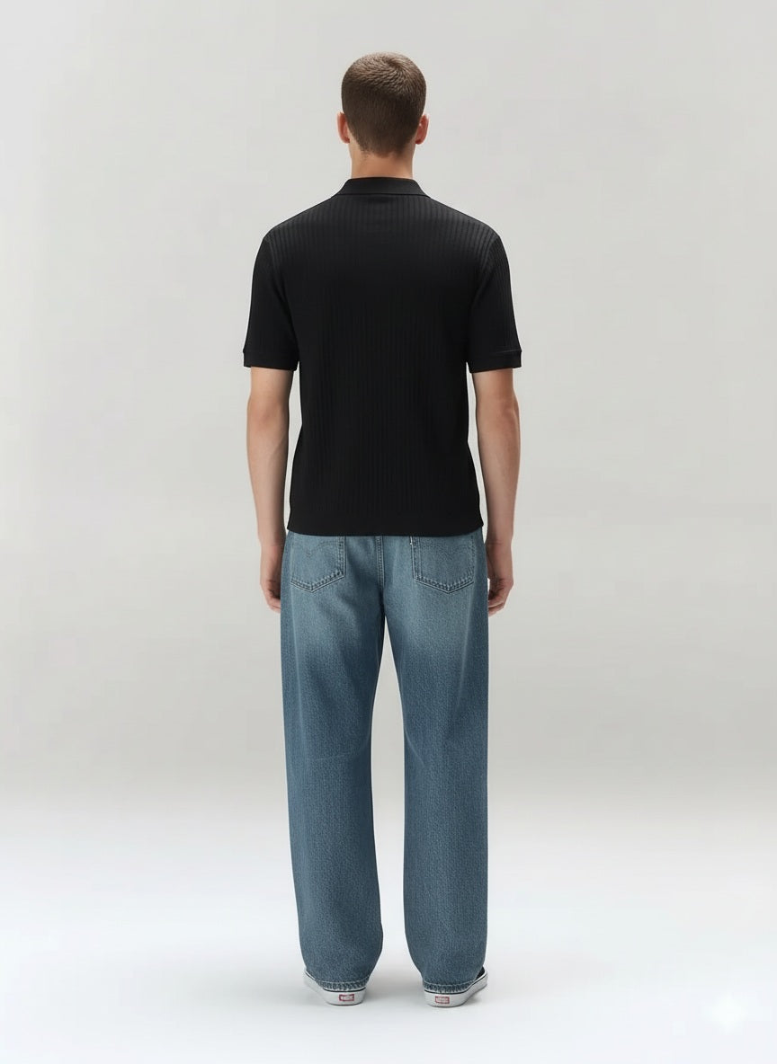 Men Black Polo Collar Solid T-shirt
