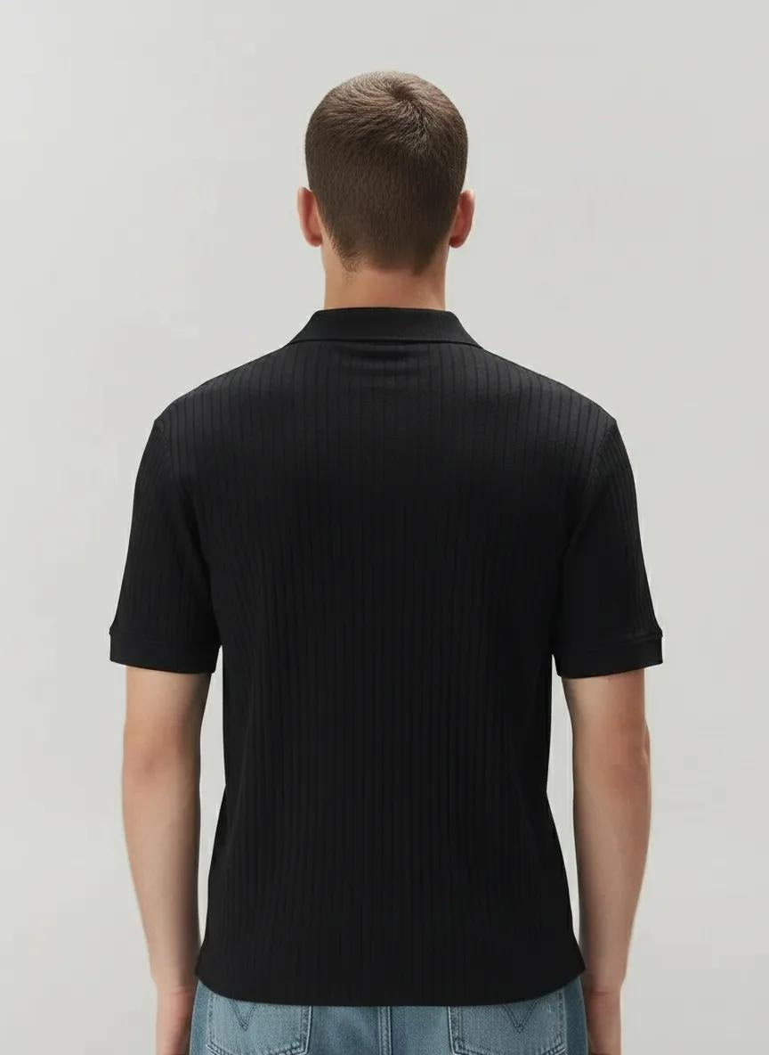 Men Black Polo Collar Solid T-shirt