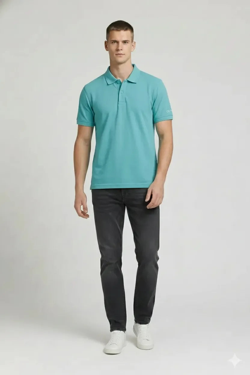 Men Light Teal Polo Collar T-shirt