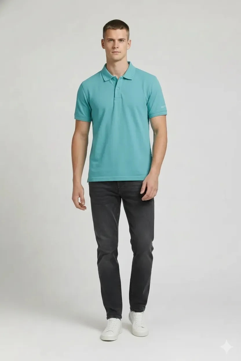 Men Light Teal Polo Collar T-shirt
