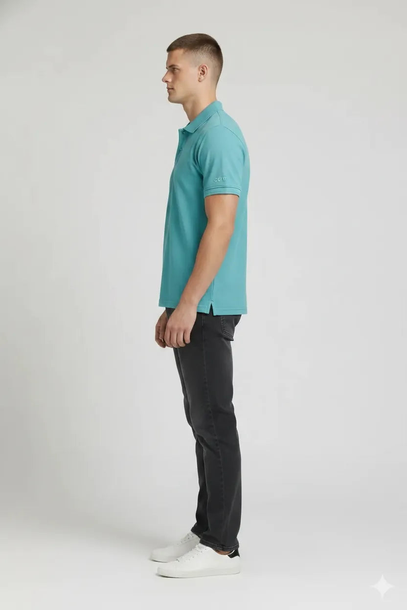Men Light Teal Polo Collar T-shirt
