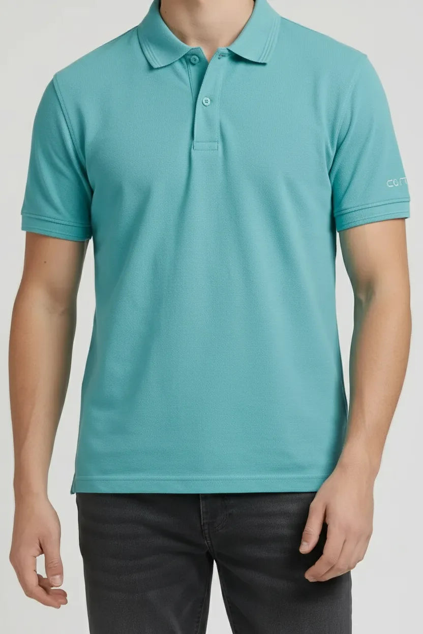 Men Light Teal Polo Collar T-shirt