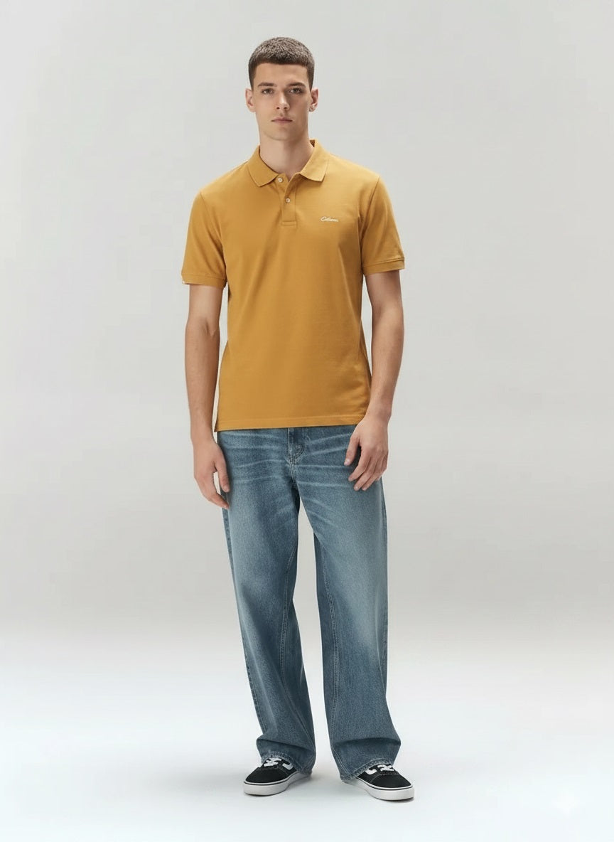 Men Mustard Brand Logo Polo Collar T-shirt