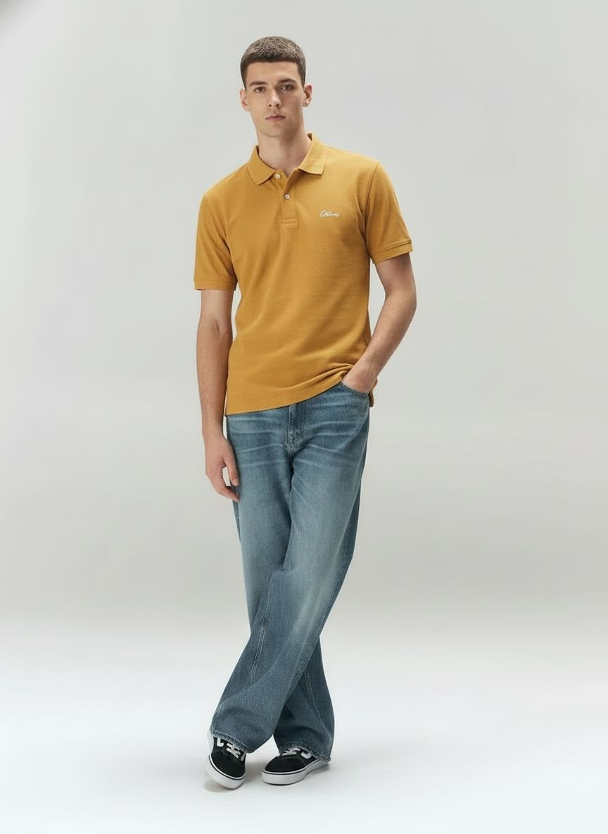 Men Mustard Brand Logo Polo Collar T-shirt