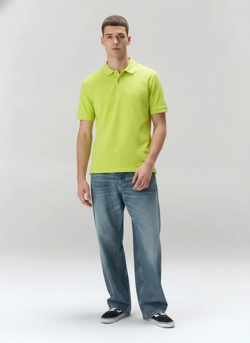 Men Neon Green Polo Collar T-shirt