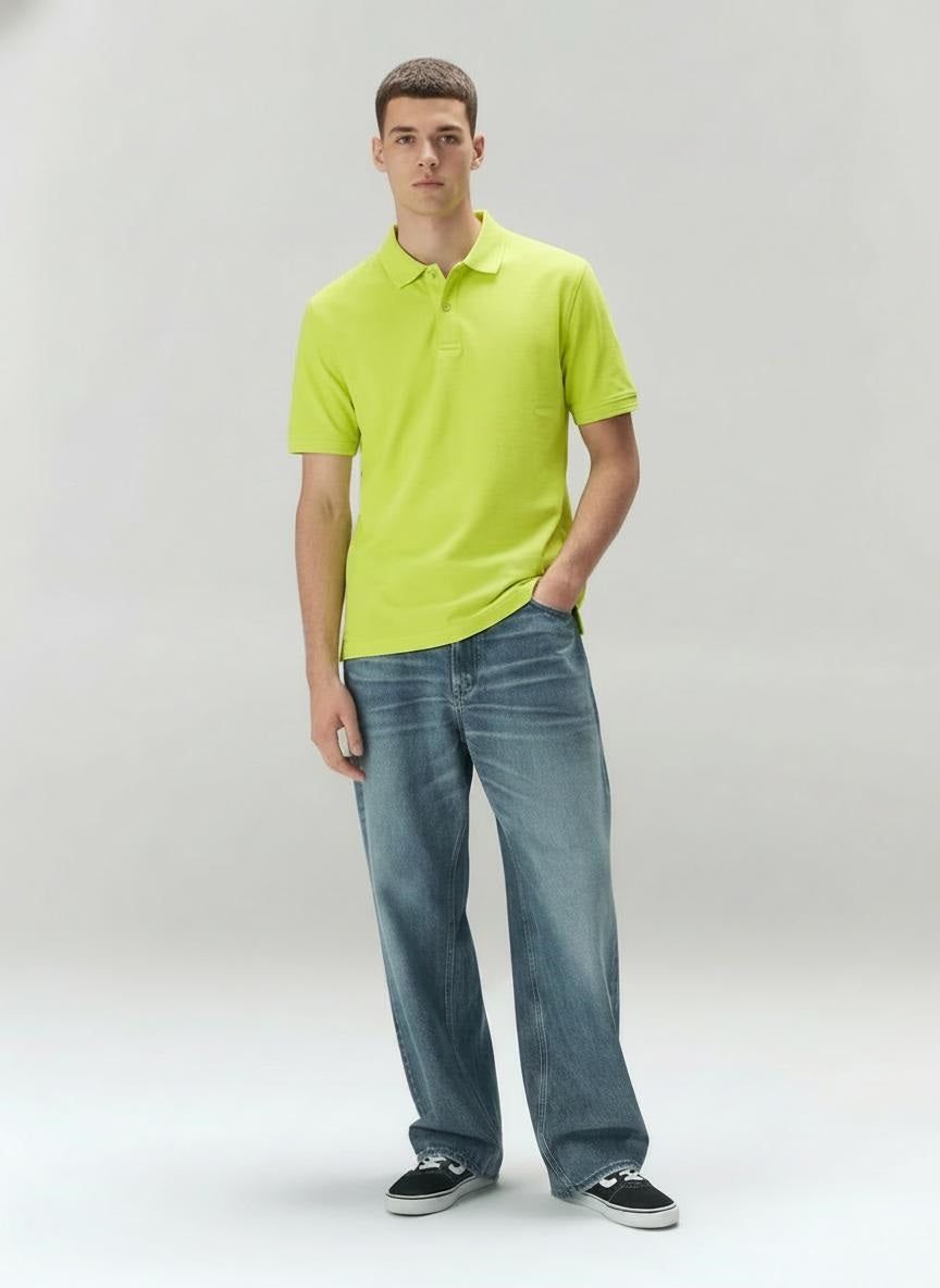 Men Neon Green Polo Collar T-shirt