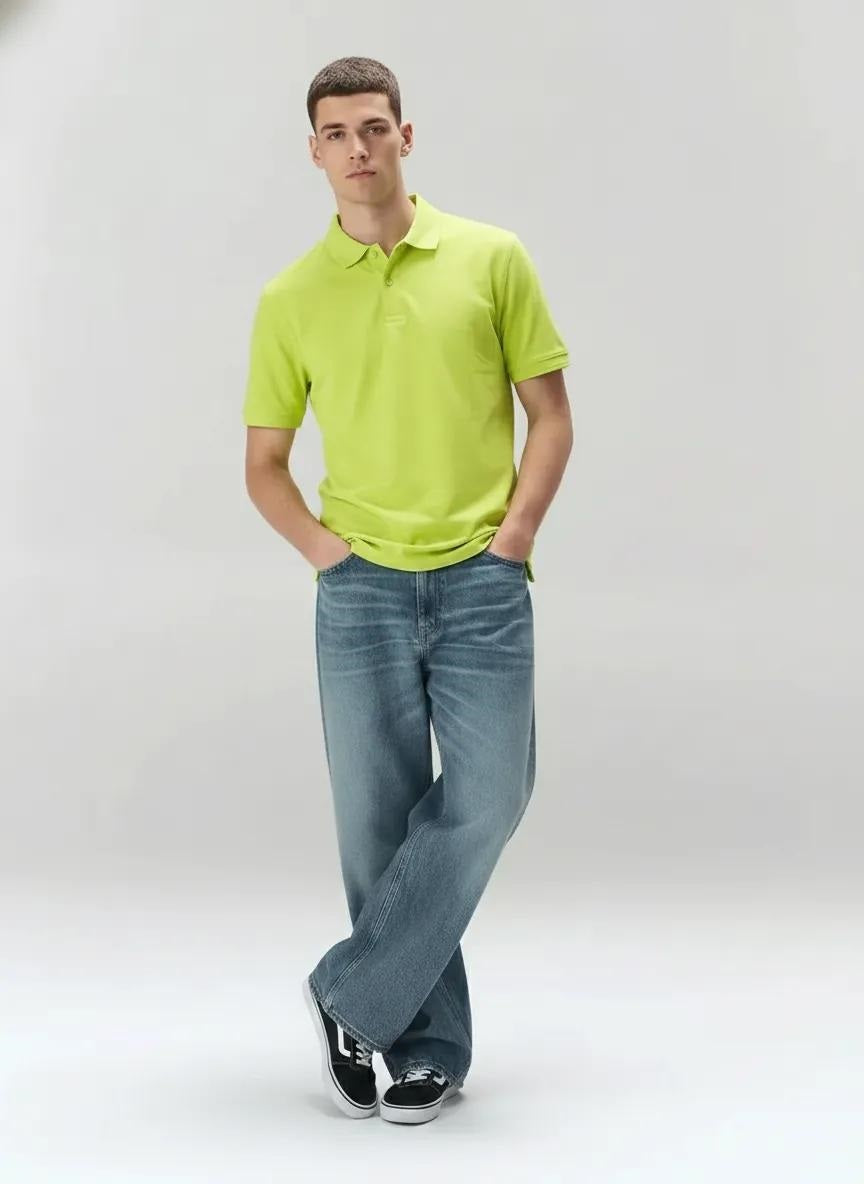 Men Neon Green Polo Collar T-shirt