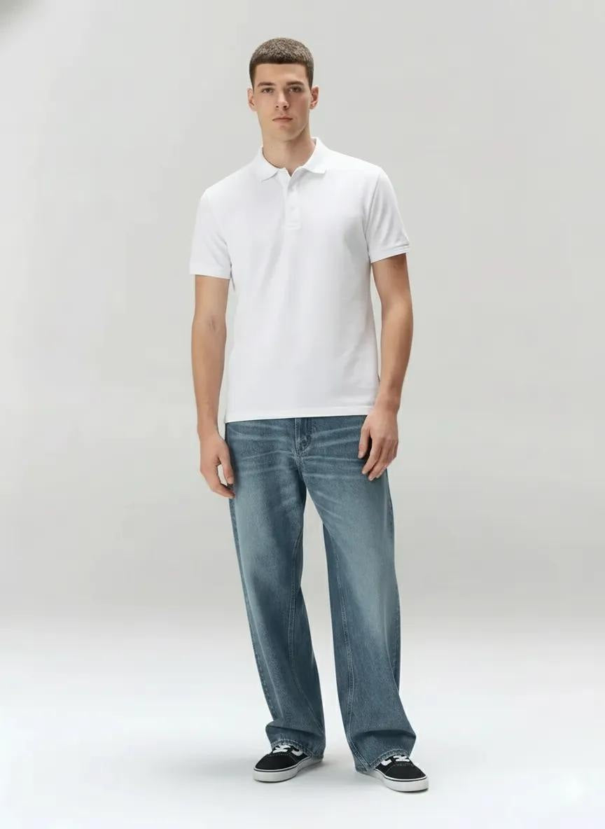 Men Off White Polo Collar Solid T-shirt