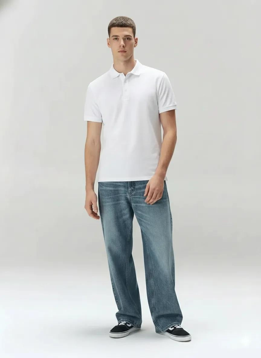Men Off White Polo Collar Solid T-shirt