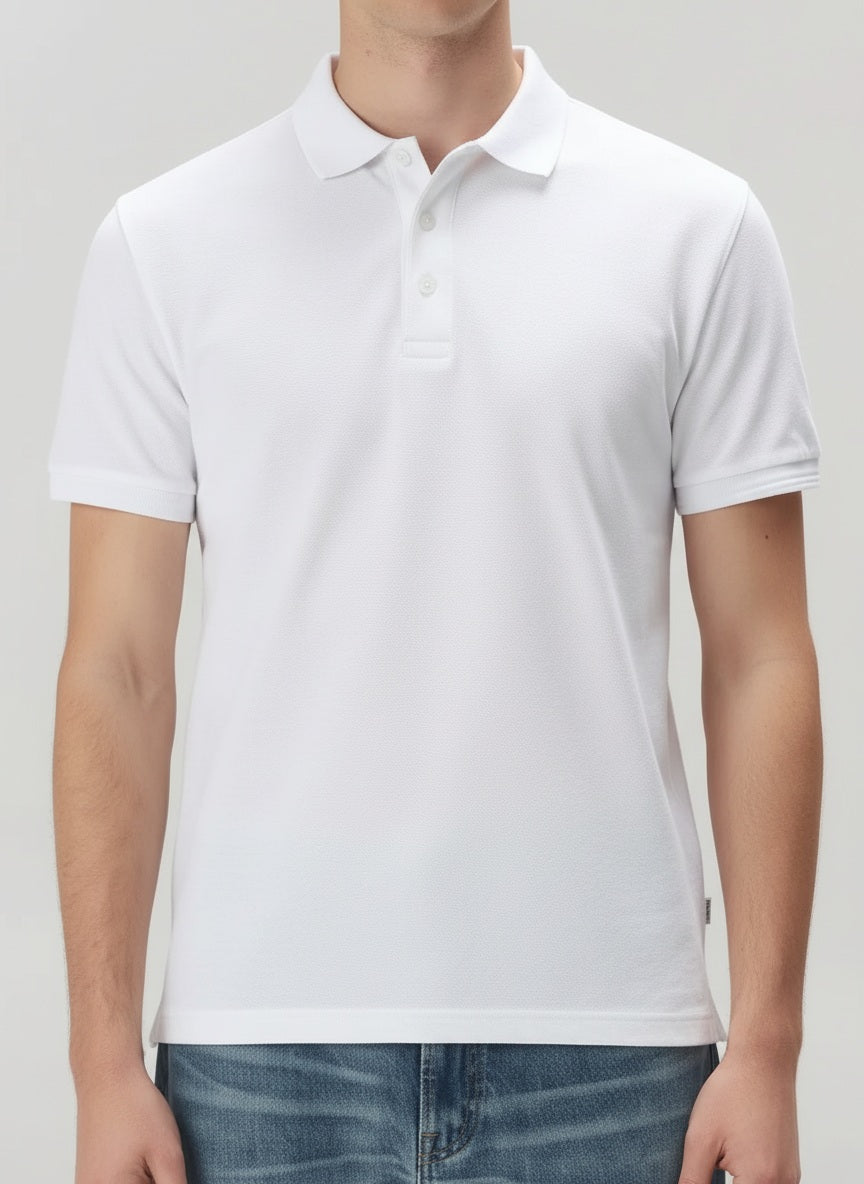 Men Off White Polo Collar Solid T-shirt