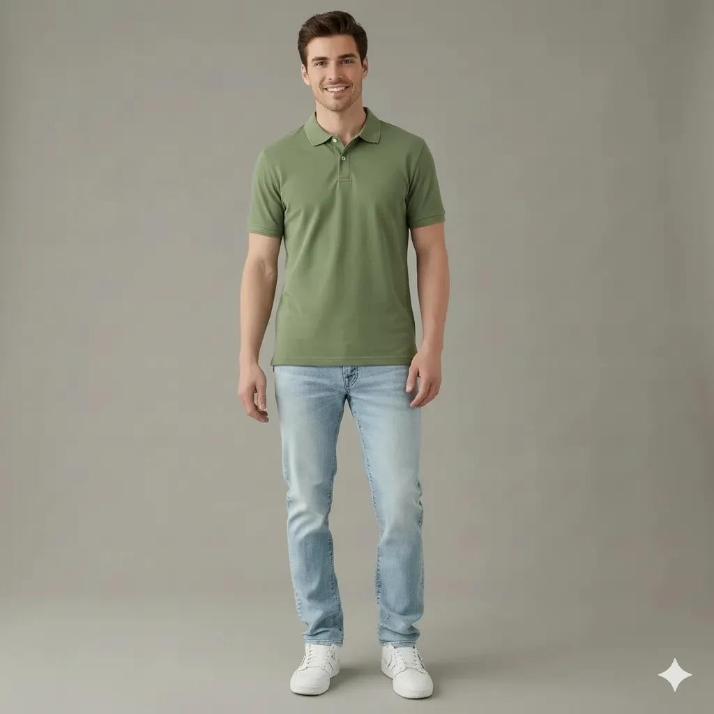 Men Oil Green Polo Collar Solid T-shirt