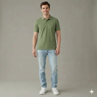 Men Oil Green Polo Collar Solid T-shirt