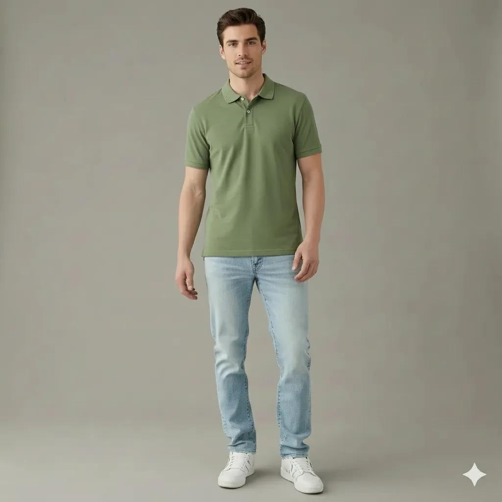 Men Oil Green Polo Collar Solid T-shirt