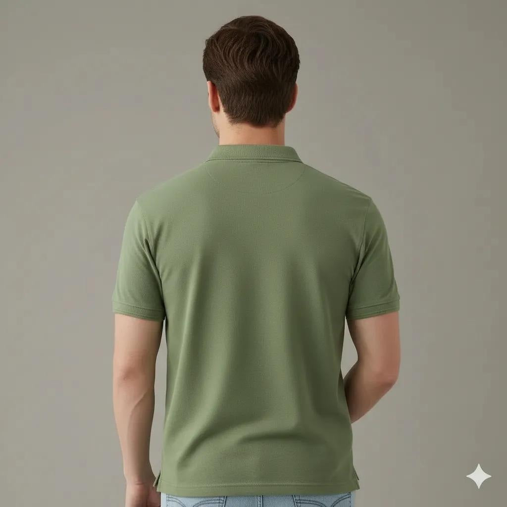 Men Oil Green Polo Collar Solid T-shirt