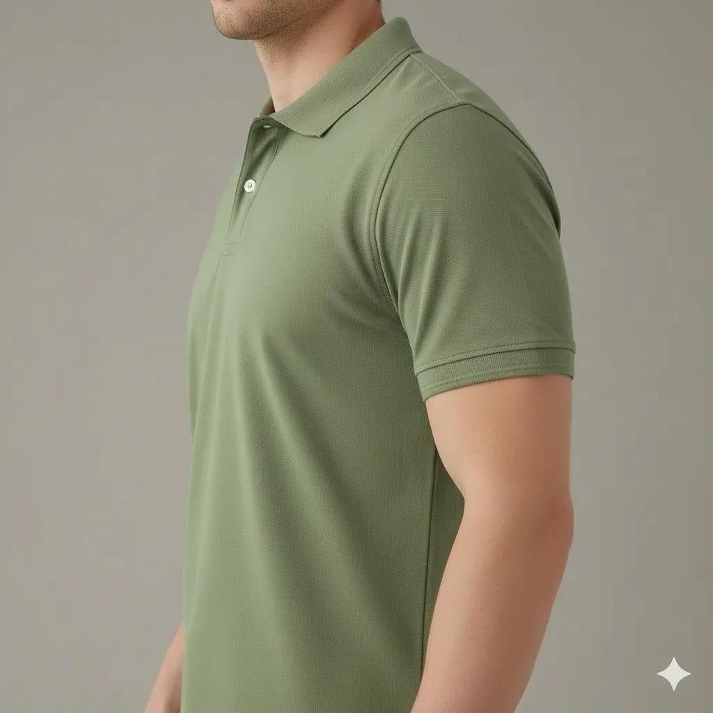 Men Oil Green Polo Collar Solid T-shirt