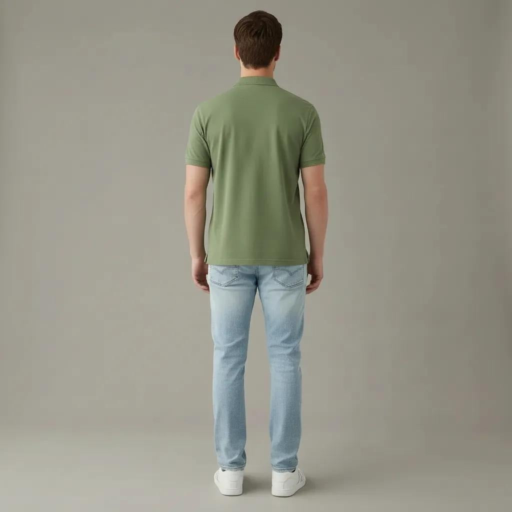 Men Oil Green Polo Collar Solid T-shirt