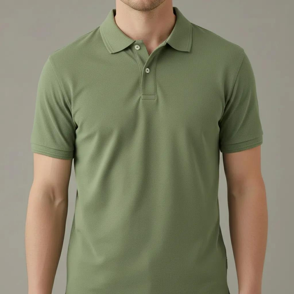 Men Oil Green Polo Collar Solid T-shirt