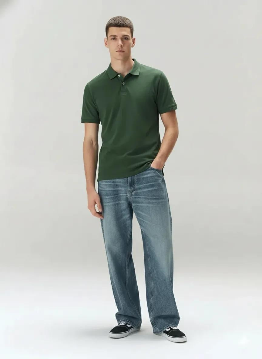 Men Olive Polo Collar Solid T-shirt