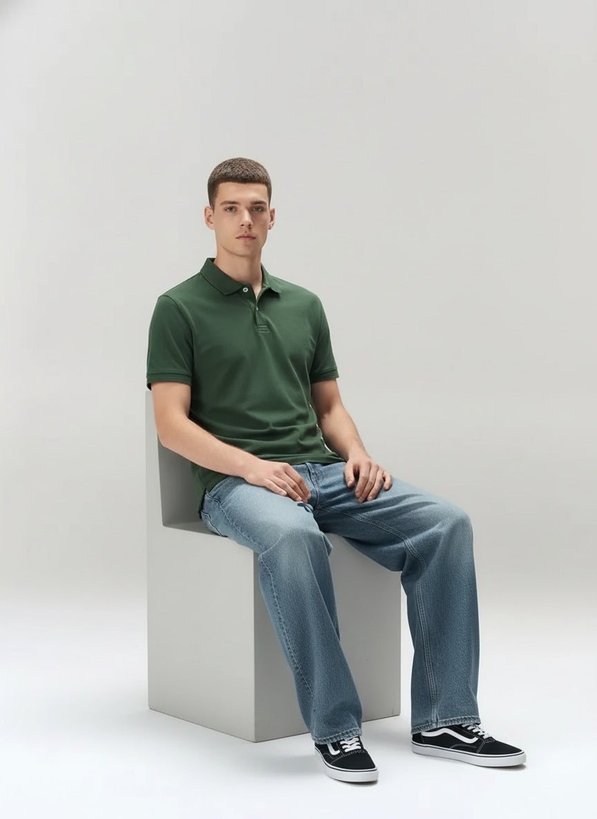Men Olive Polo Collar Solid T-shirt