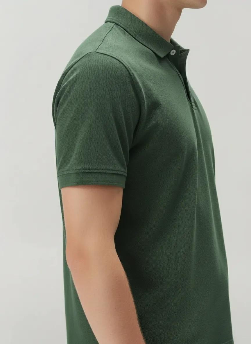 Men Olive Polo Collar Solid T-shirt