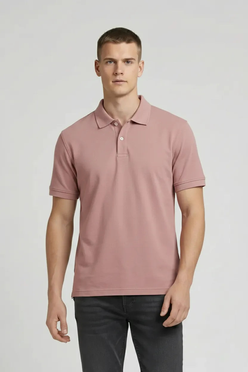 Men Suede Pink Polo Collar T-shirt