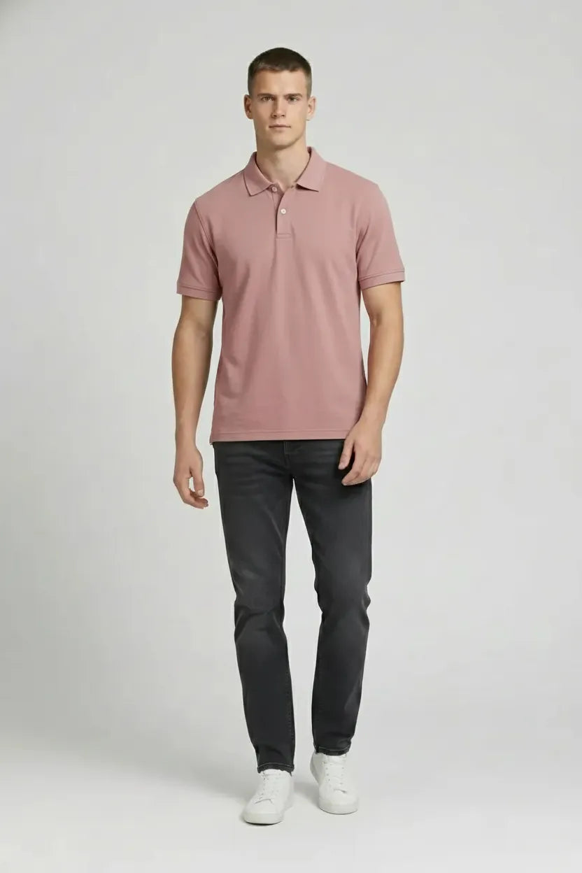 Men Suede Pink Polo Collar T-shirt