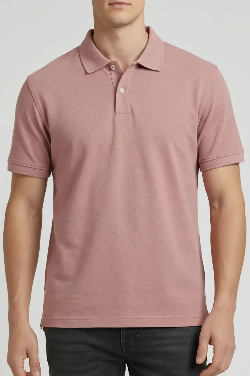 Men Suede Pink Polo Collar T-shirt