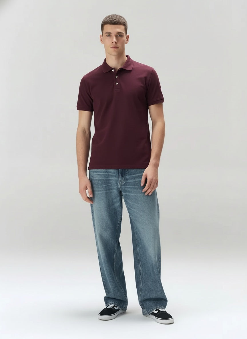 Men Wine Polo Collar Solid T-shirt