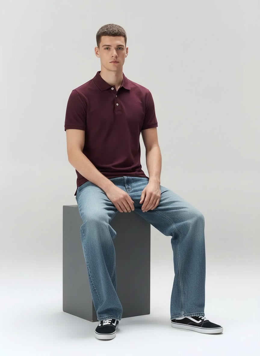 Men Wine Polo Collar Solid T-shirt