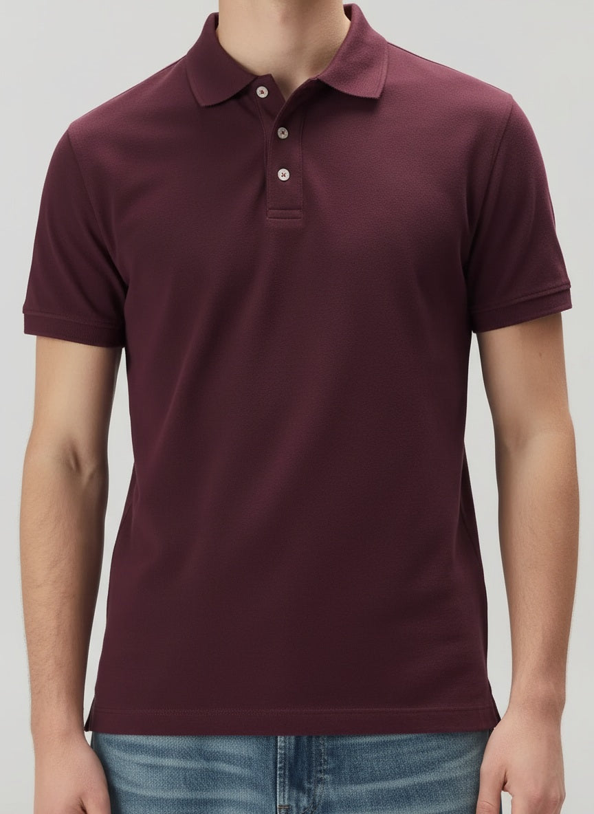 Men Wine Polo Collar Solid T-shirt