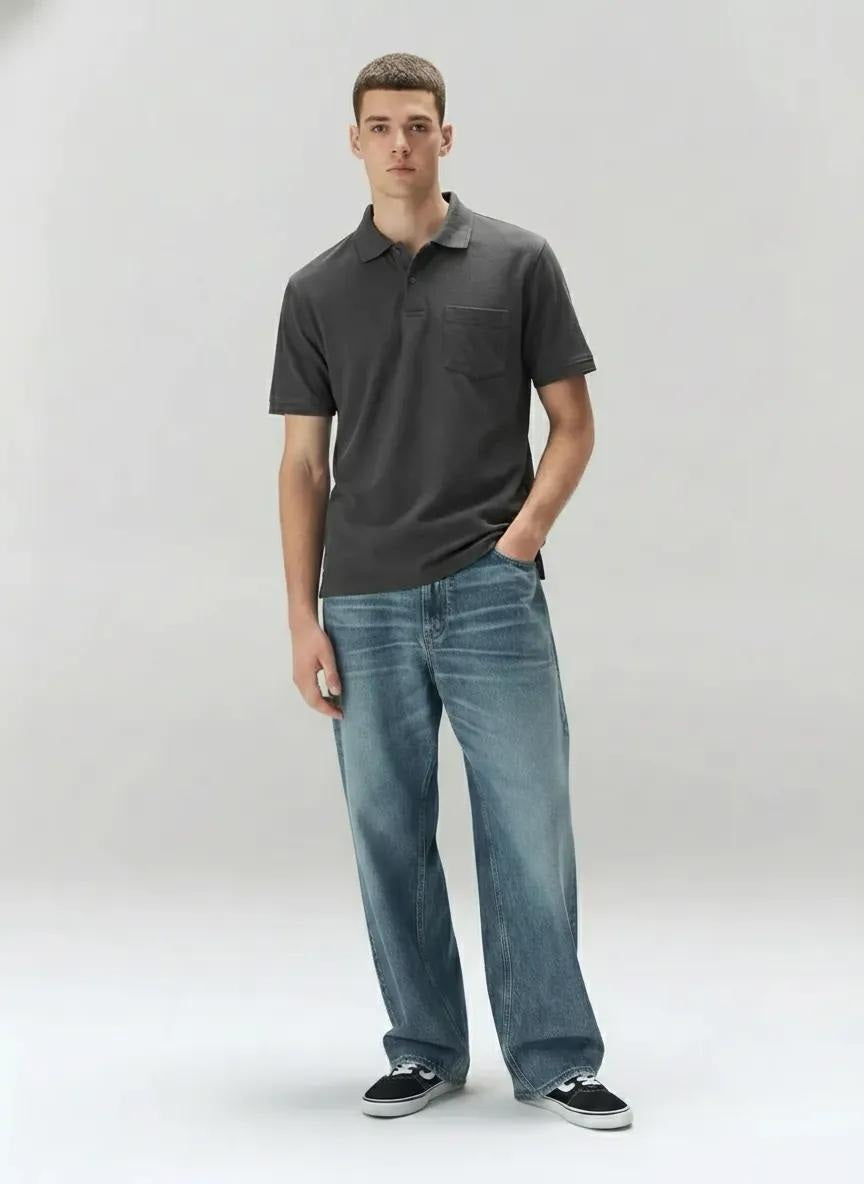 Men Black Polo Collar Pockets T-shirt