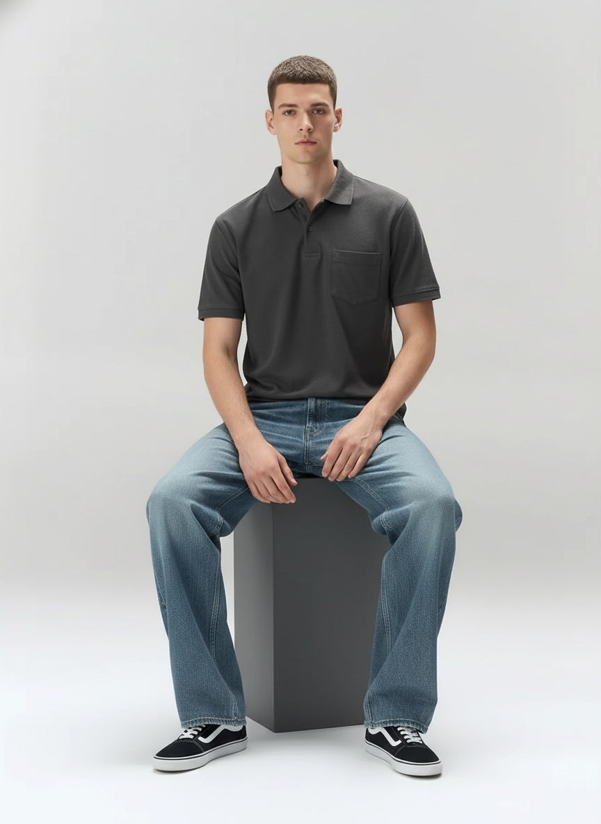 Men Black Polo Collar Pockets T-shirt