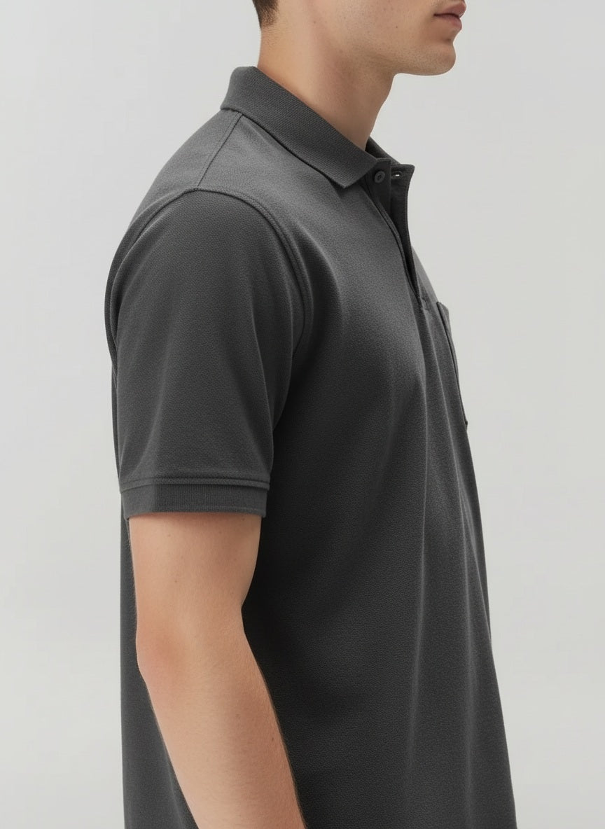 Men Black Polo Collar Pockets T-shirt