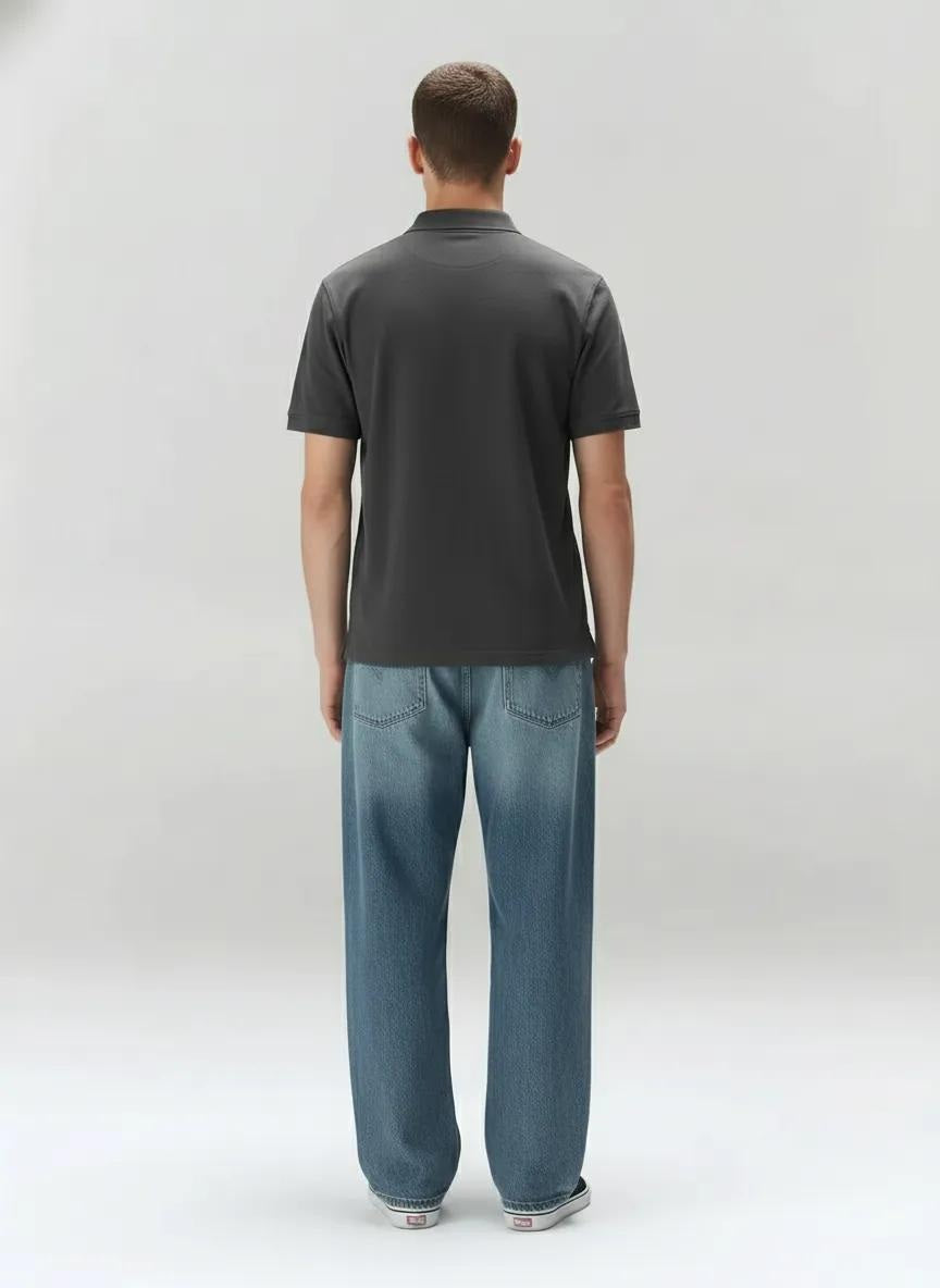 Men Black Polo Collar Pockets T-shirt