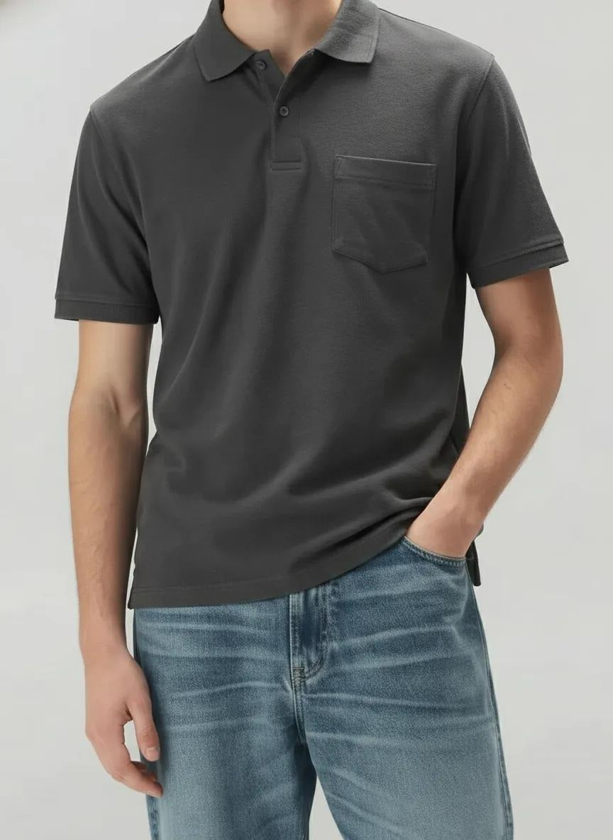 Men Black Polo Collar Pockets T-shirt