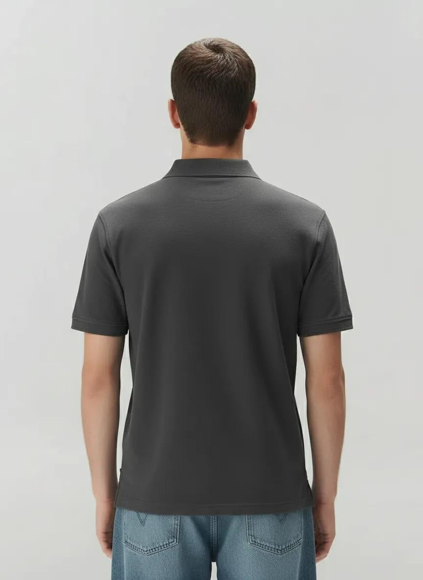 Men Black Polo Collar Pockets T-shirt