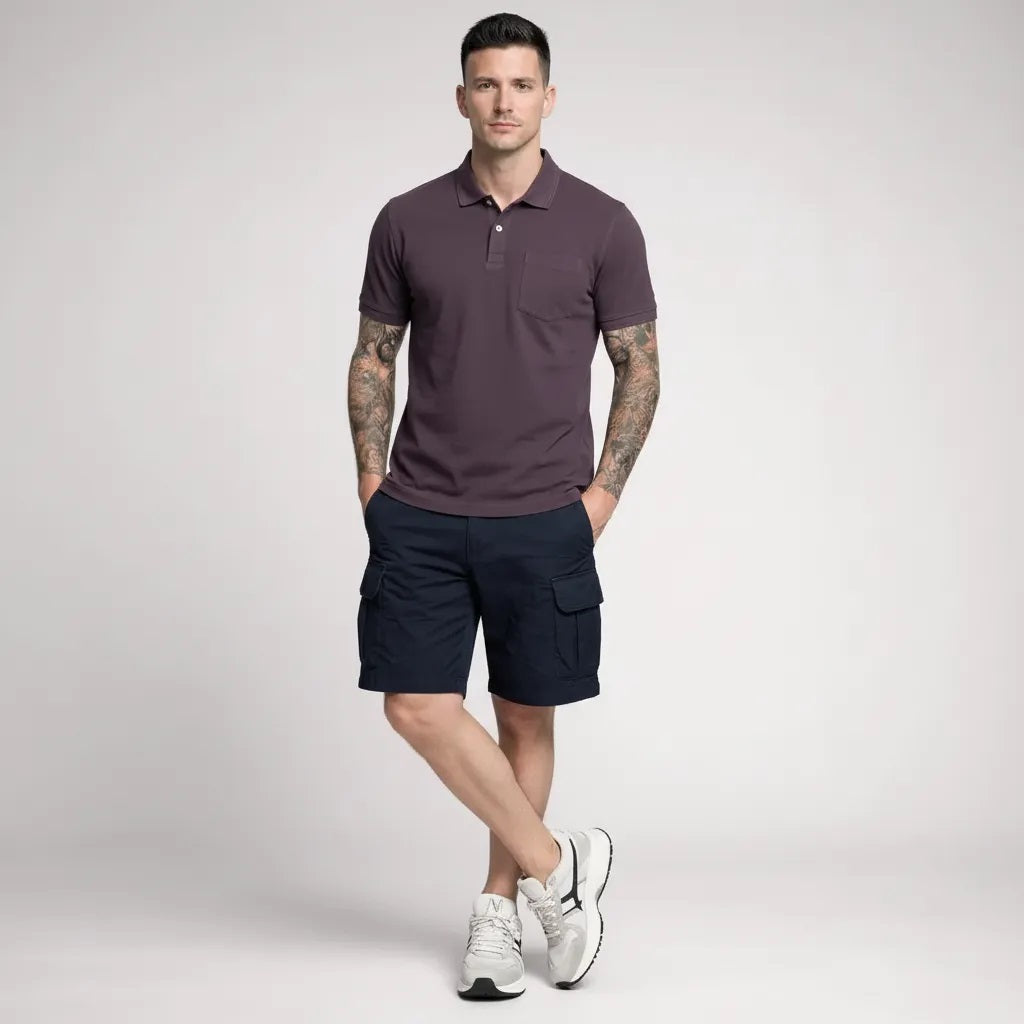 Men Black Currant Polo Collar Pockets T-shirt
