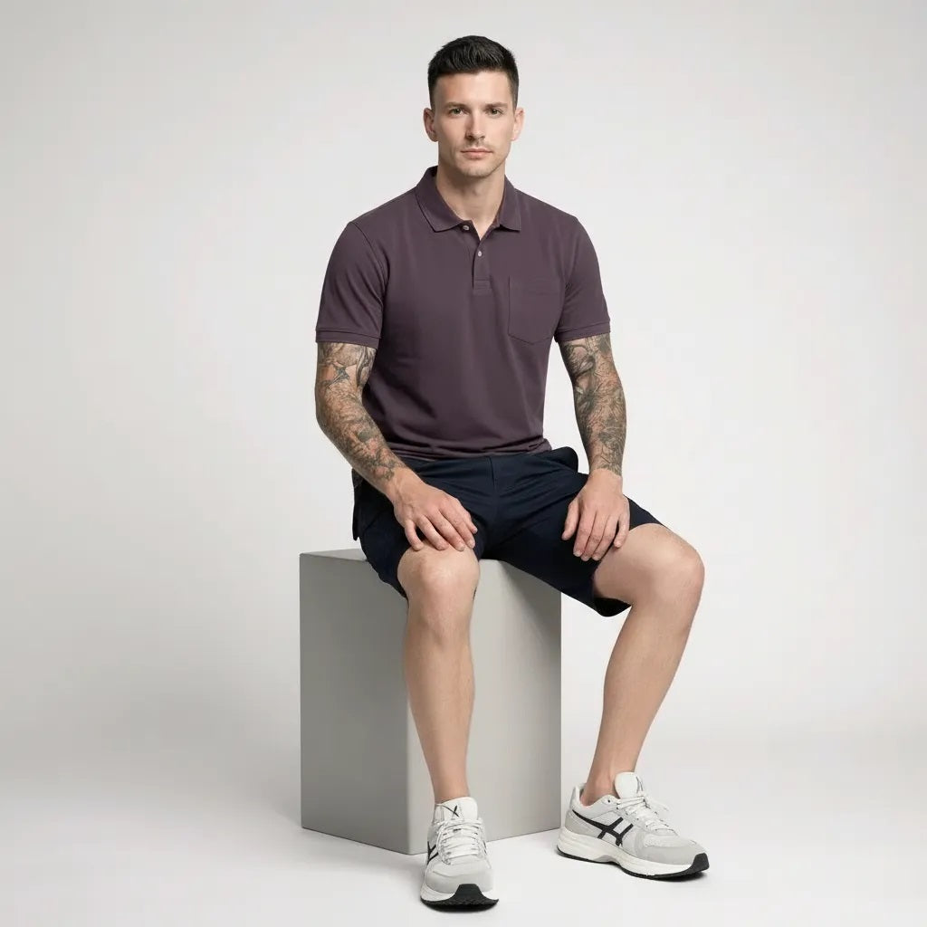 Men Black Currant Polo Collar Pockets T-shirt
