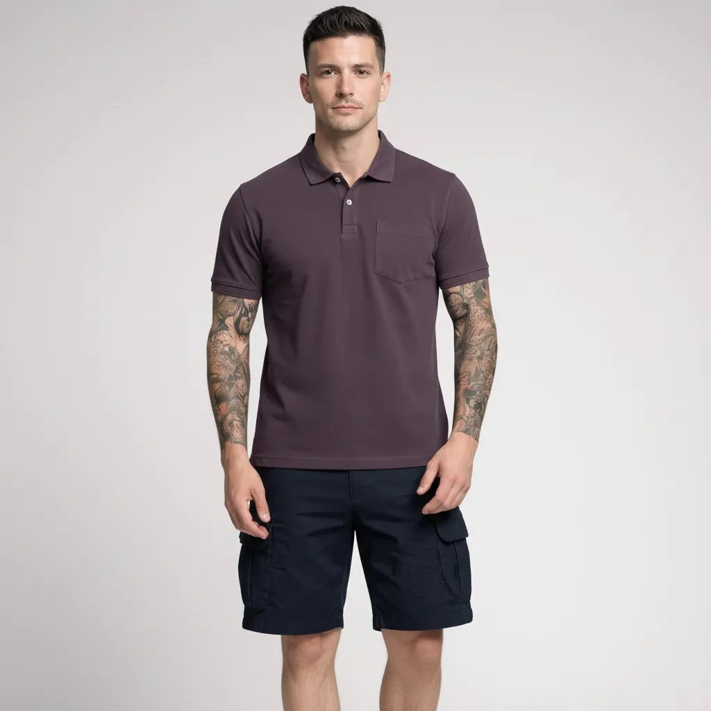 Men Black Currant Polo Collar Pockets T-shirt