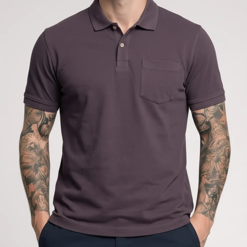 Men Black Currant Polo Collar Pockets T-shirt