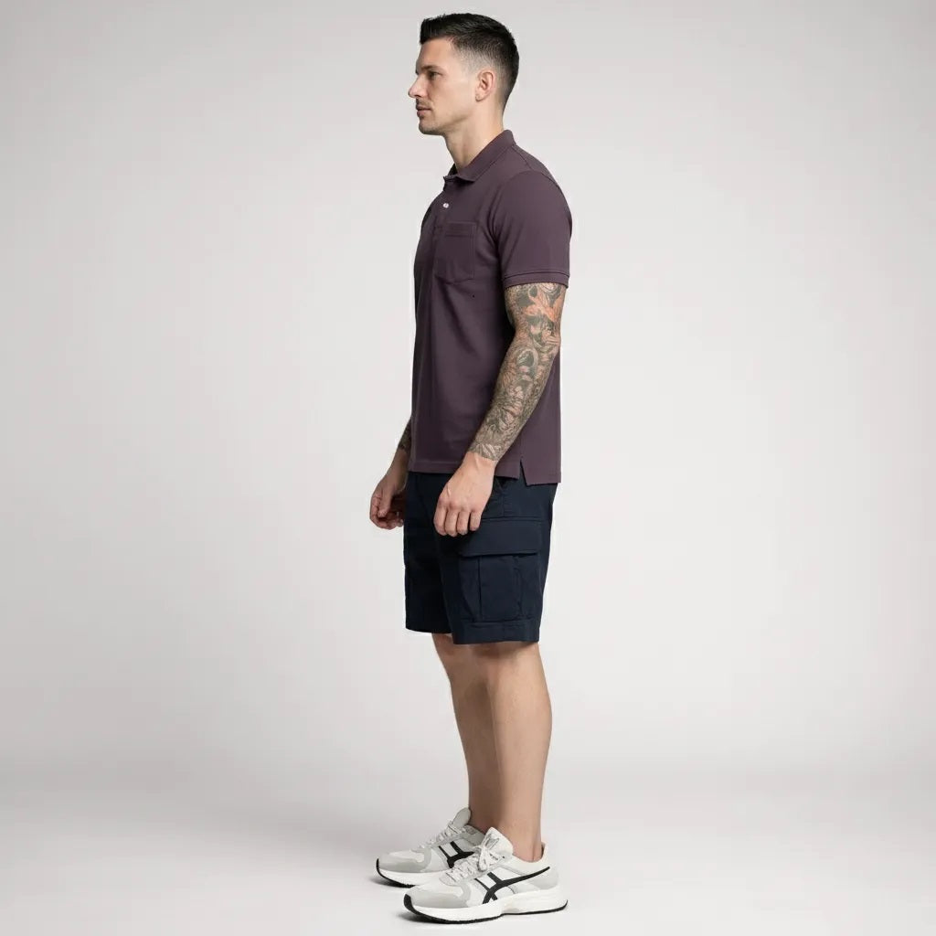 Men Black Currant Polo Collar Pockets T-shirt