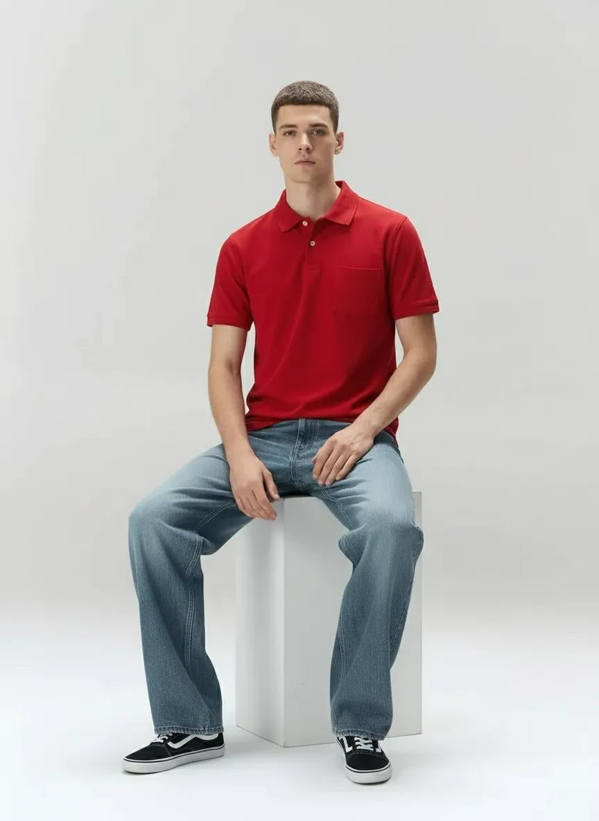 Men Brick Polo Collar Pockets T-shirt