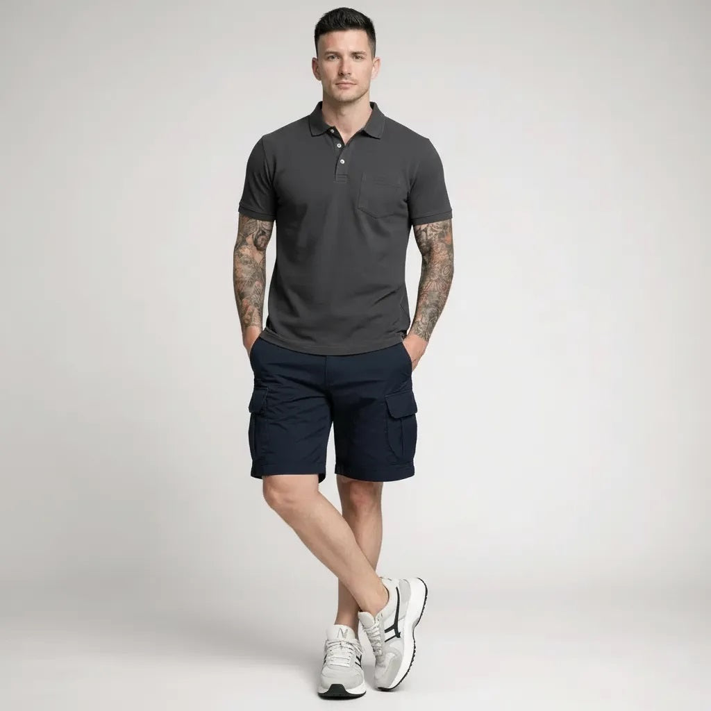 Men Charcoal Polo Collar Pockets T-shirt