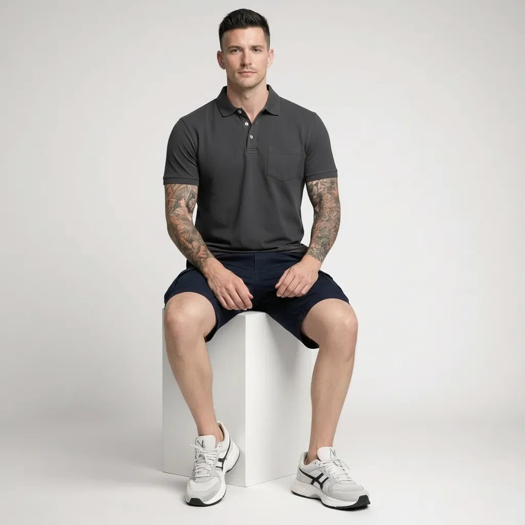 Men Charcoal Polo Collar Pockets T-shirt