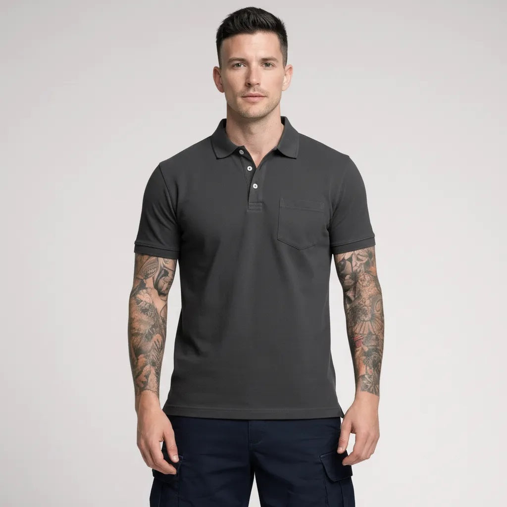 Men Charcoal Polo Collar Pockets T-shirt