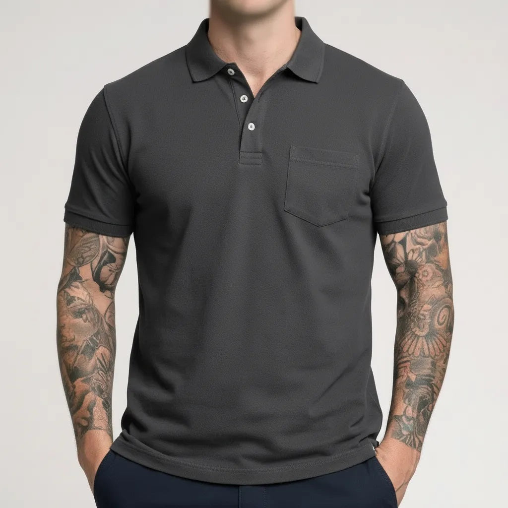 Men Charcoal Polo Collar Pockets T-shirt