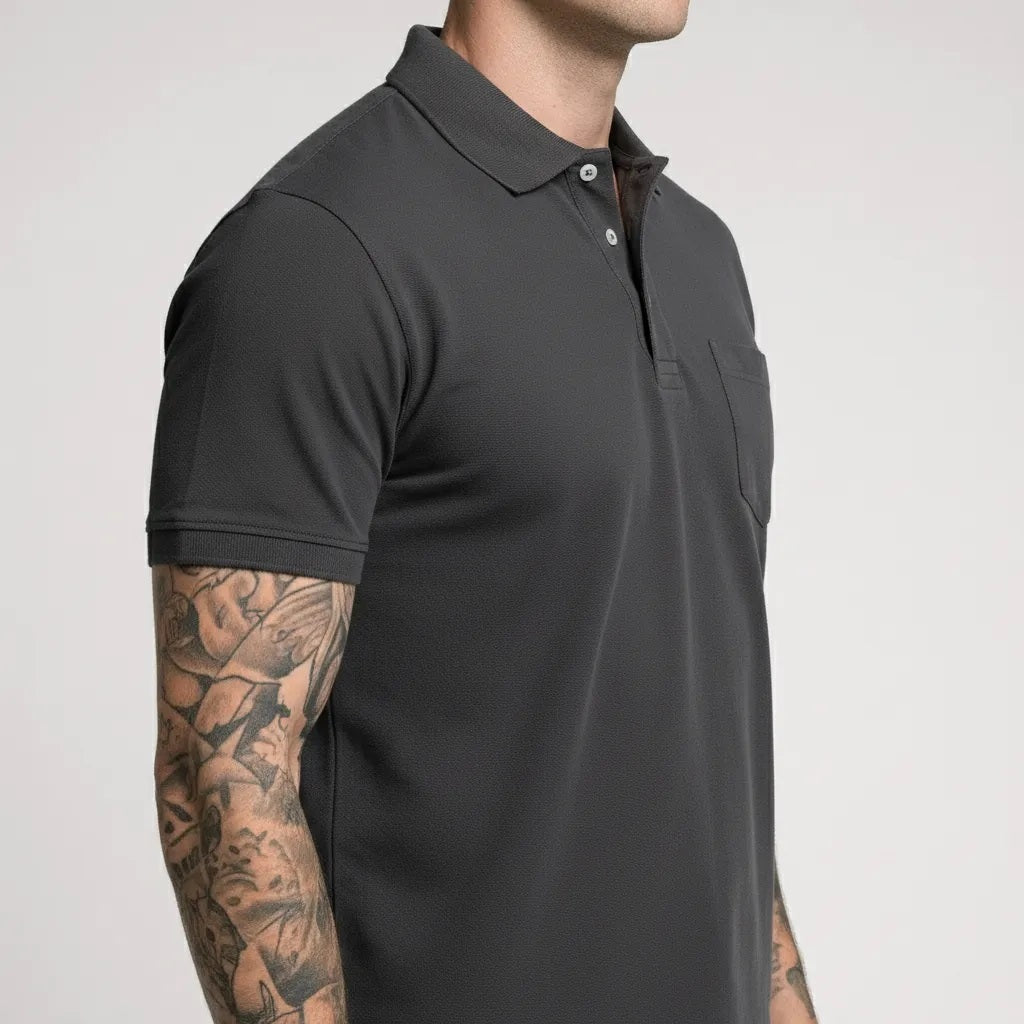 Men Charcoal Polo Collar Pockets T-shirt