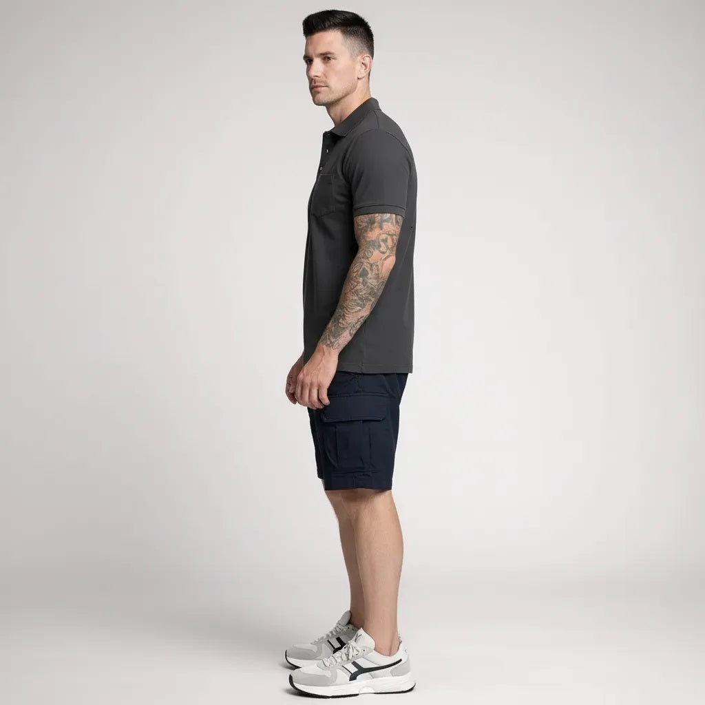 Men Charcoal Polo Collar Pockets T-shirt