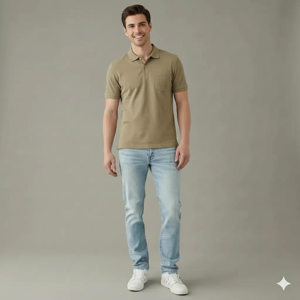 Men Cold Coffee Polo Collar Pockets T-shirt
