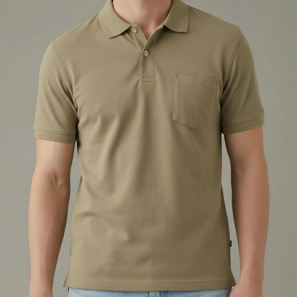 Men Cold Coffee Polo Collar Pockets T-shirt